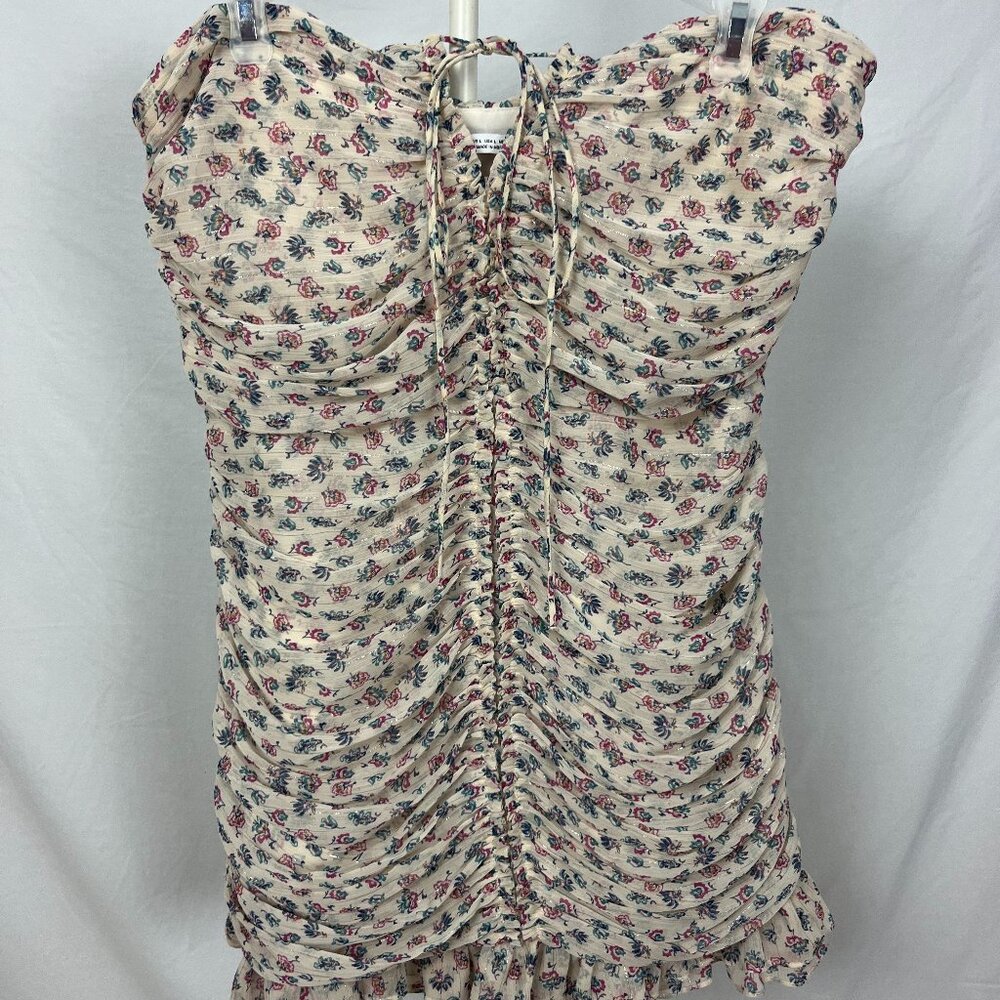 Zara Ruched Pink Blue Floral Mini Dress Ruffles Strapless Zip Up Size L